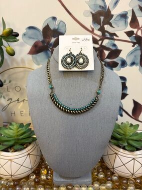 Turquoise Accent Chain Necklace with Matching Drop Earrings - Women Jewelry